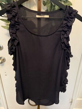 Comme Toi Navy Blue Ruffle Trim Sleeveless Top Blouse M